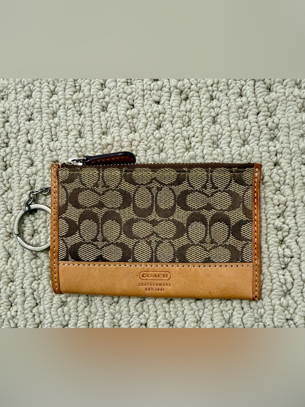 COACH Brown Signature Canvas Card Case with Tan Leather Trim